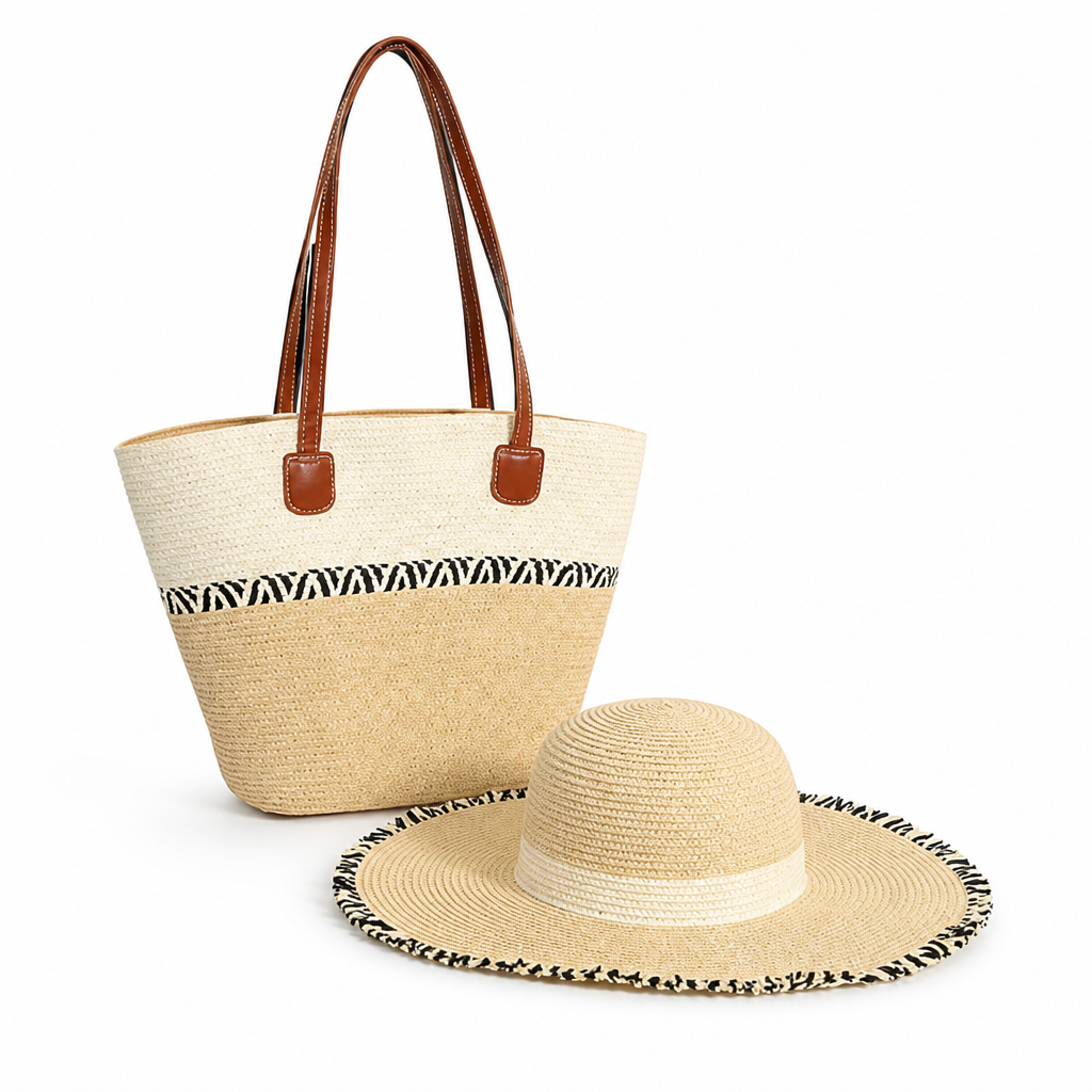 Lightweight Straw Beach Bag & UV-Protective Sun Hat Set