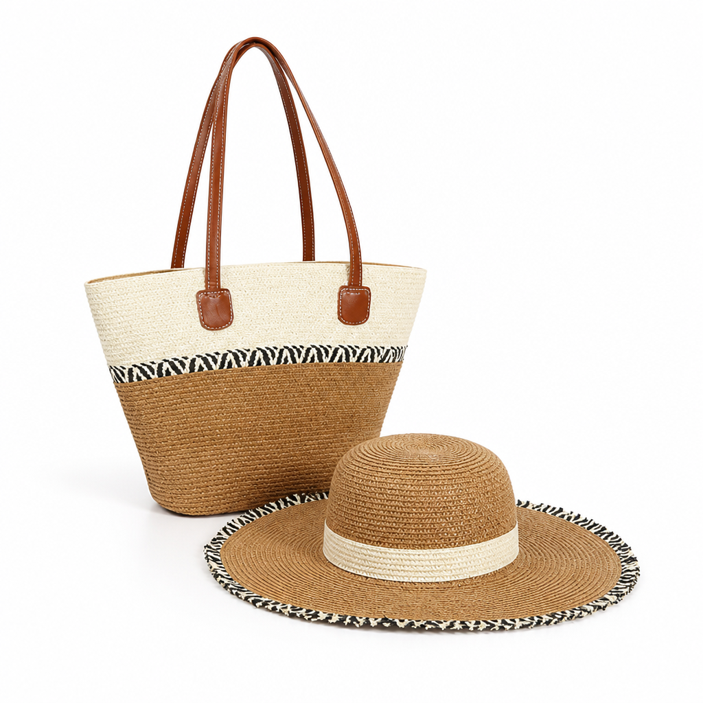 Lightweight Straw Beach Bag & UV-Protective Sun Hat Set