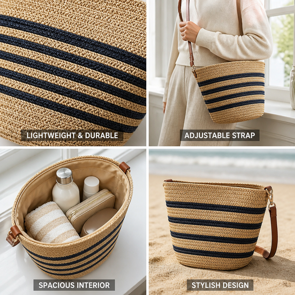 Lightweight Synthetic Straw Beach Bag With Adjustable Strap