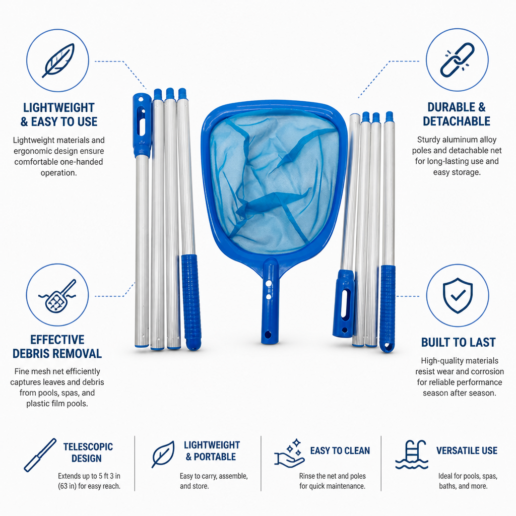 Lightweight Telescopic Pool Leaf Skimmer (Detachable Net)