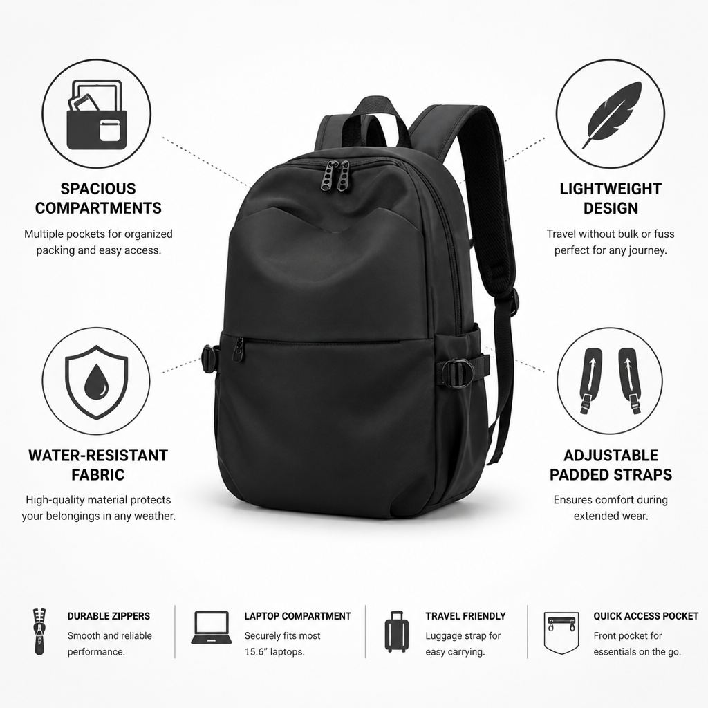 Lightweight Water-Resistant Travel Backpack (Padded Straps)