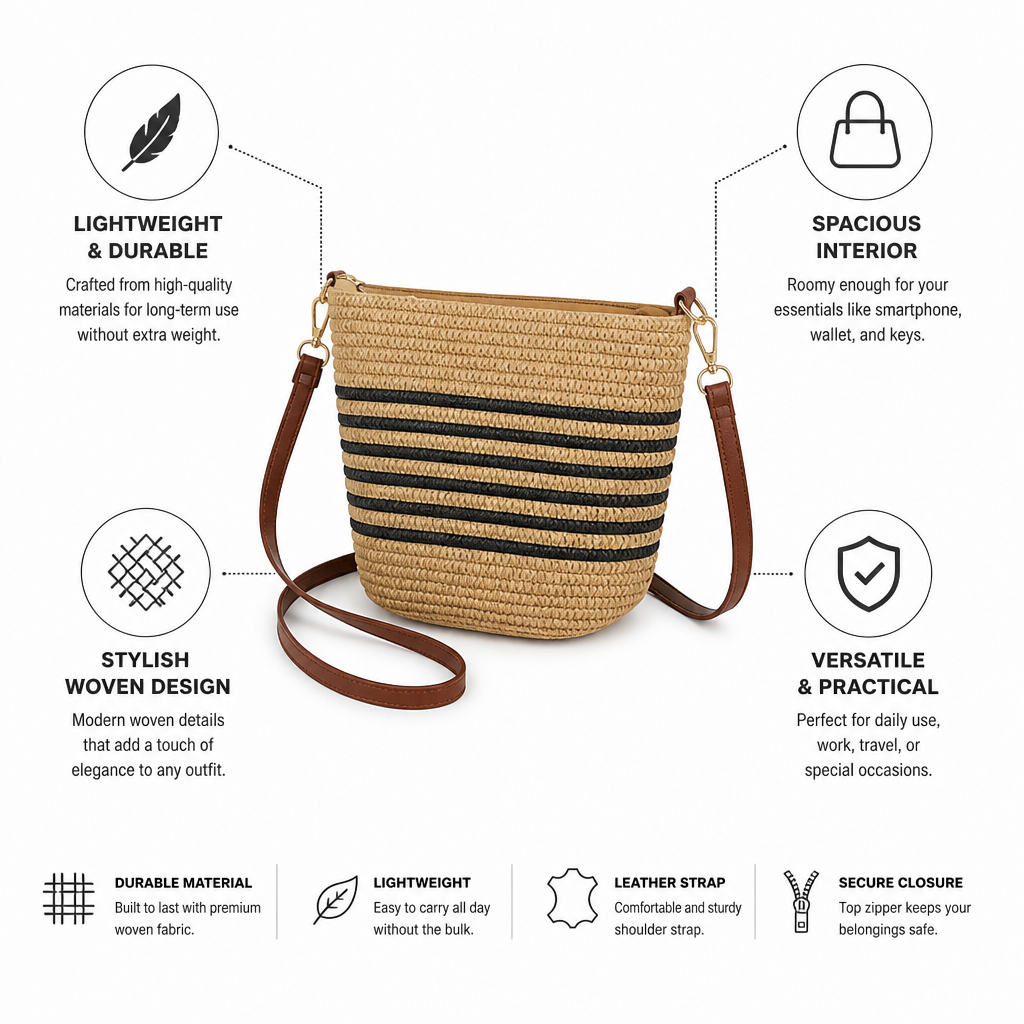 Lightweight Woven Crossbody Bag (Leather Strap)