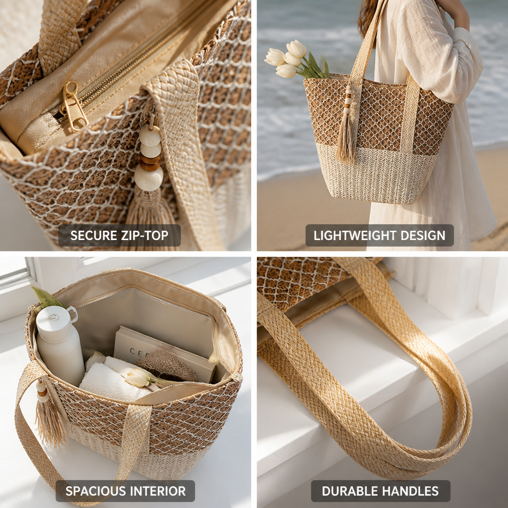 Lightweight Woven Straw Zip-Top Beach Tote