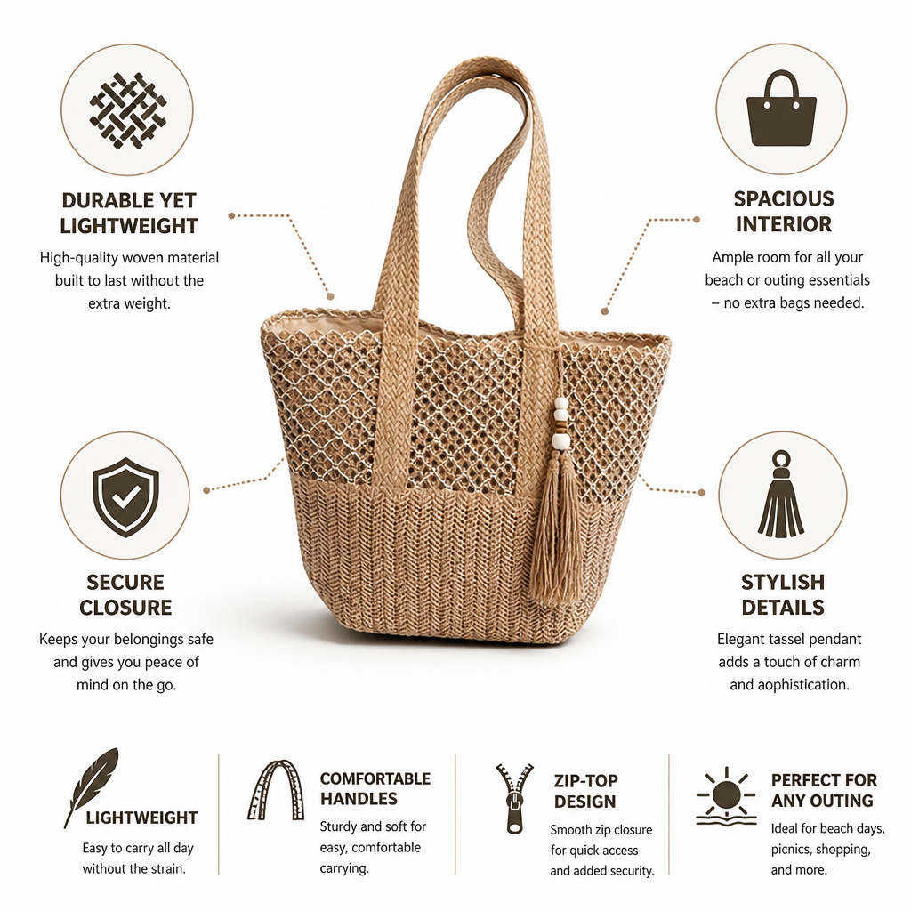 Lightweight Woven Straw Zip-Top Beach Tote