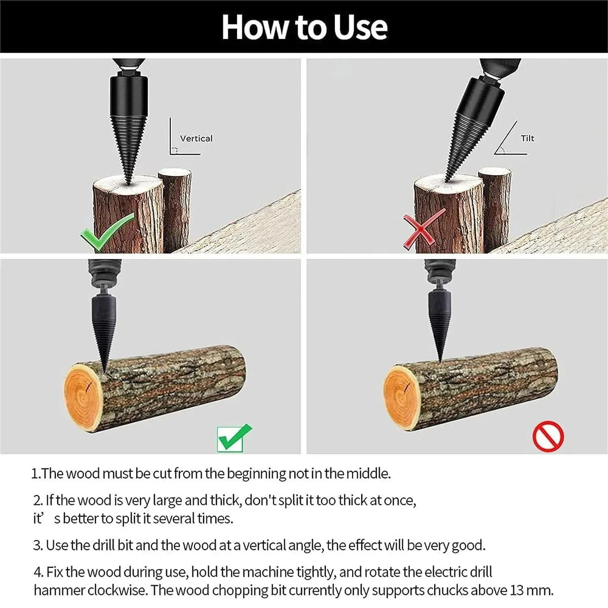 Log Splitter Drill Bit Cordless Drill Compatible Four Adapters
