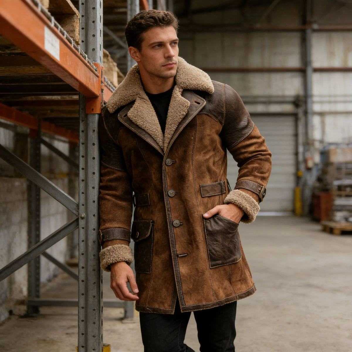 Long Coat Sherpa-Lined Suede-Look Leather Trim