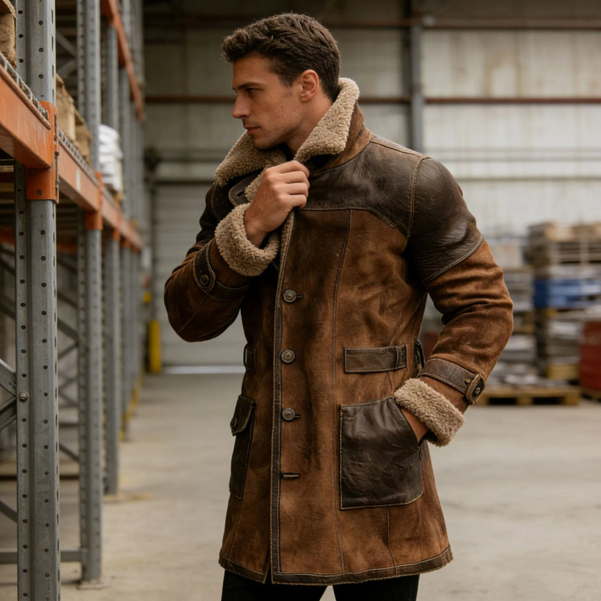Long Coat Sherpa-Lined Suede-Look Leather Trim
