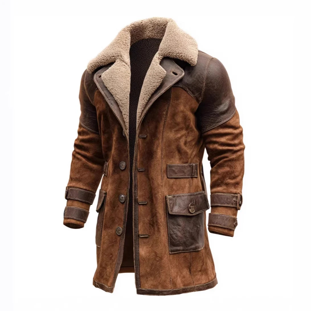 Long Coat Sherpa-Lined Suede-Look Leather Trim