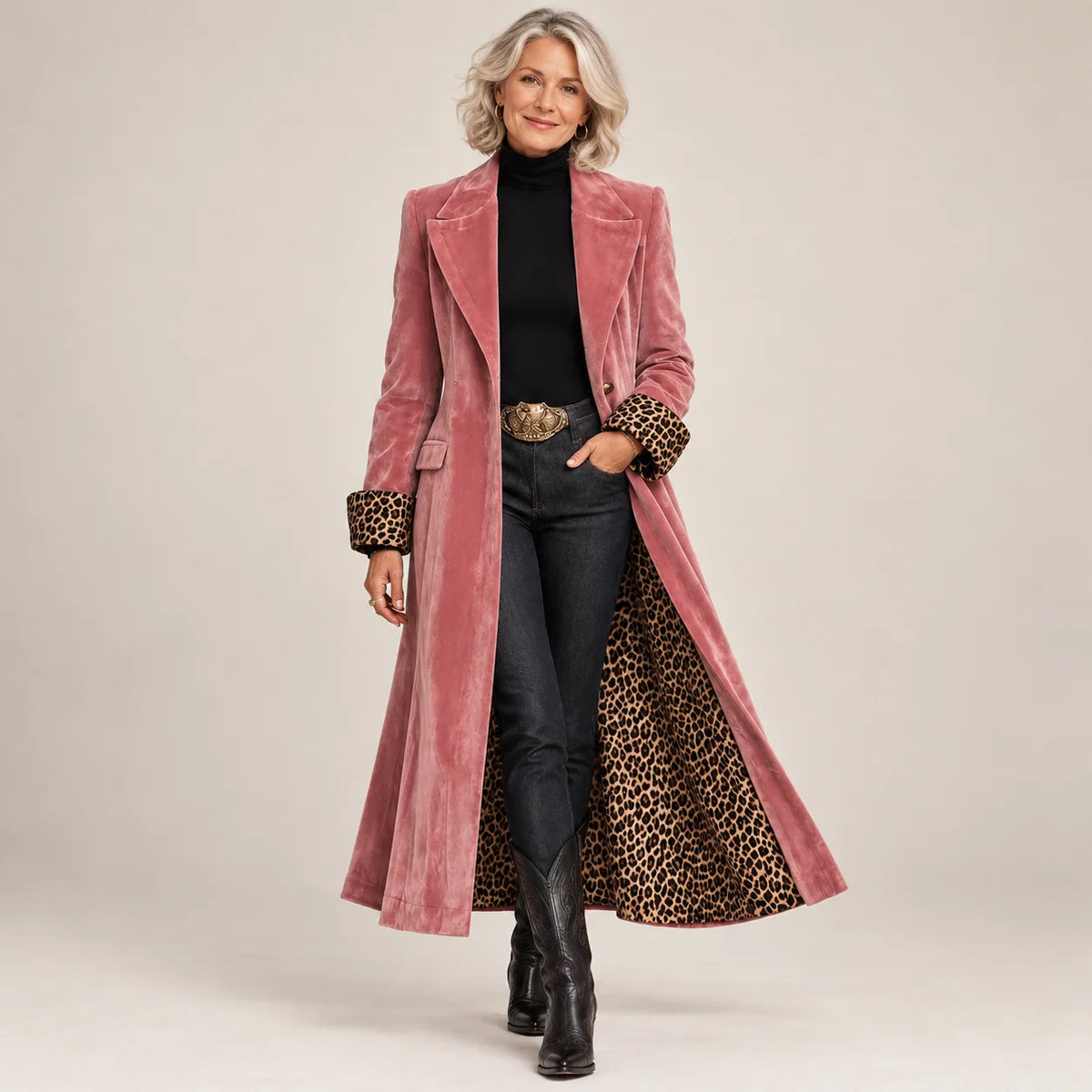 Longline Coat Velvet-Effect Leopard-Print Lining Ankle-Length