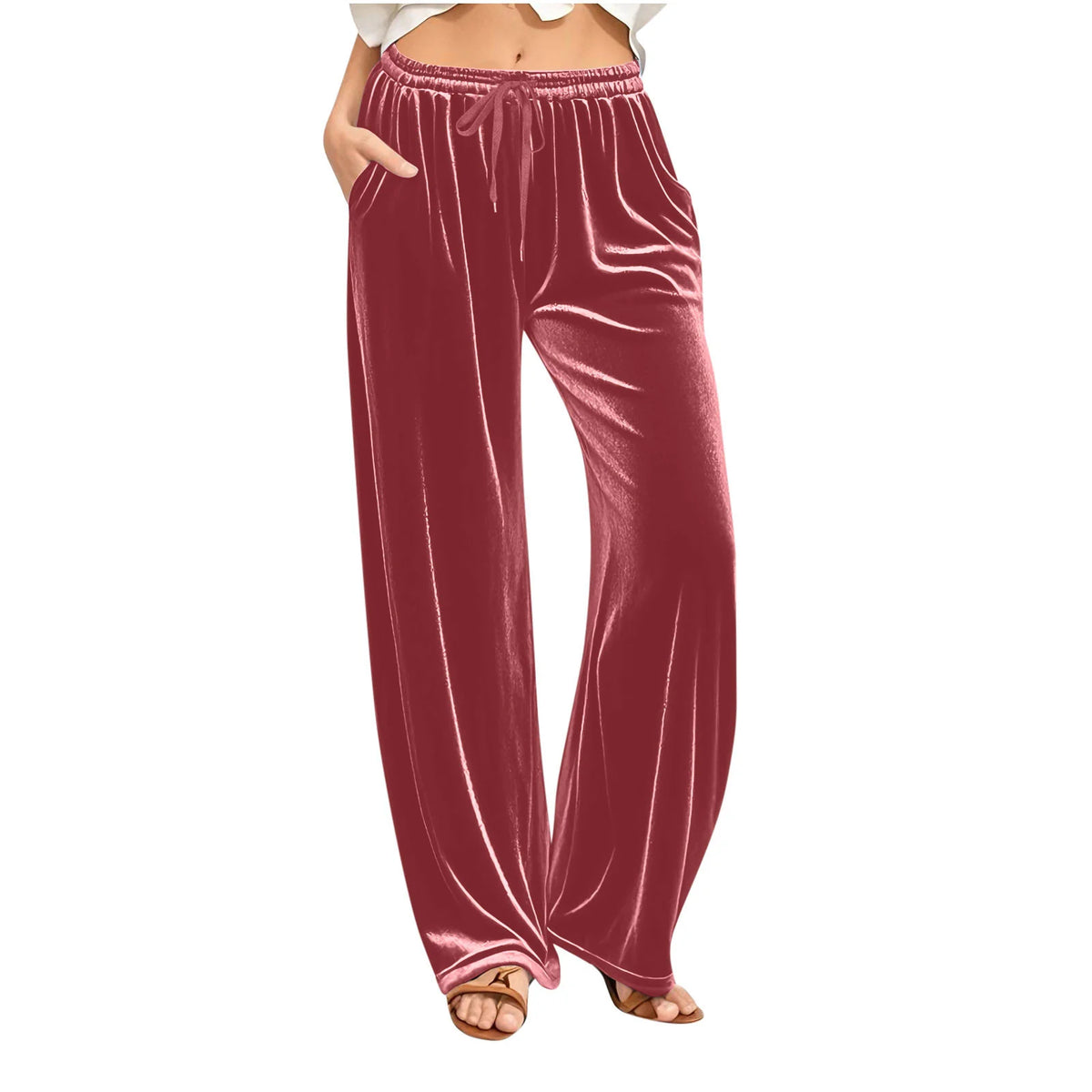 Lounge Pants Velvet Wide-Leg Drawstring Waist With Side Pockets