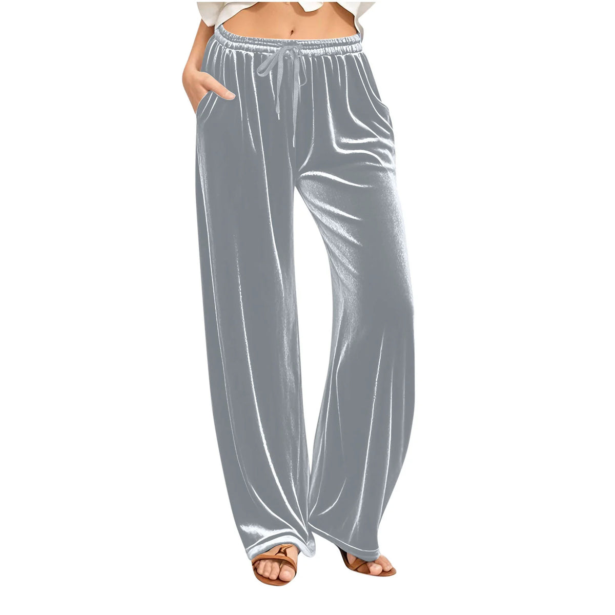 Lounge Pants Velvet Wide-Leg Drawstring Waist With Side Pockets