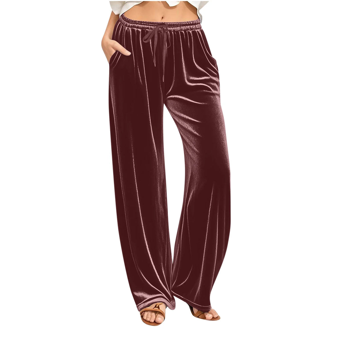 Lounge Pants Velvet Wide-Leg Drawstring Waist With Side Pockets