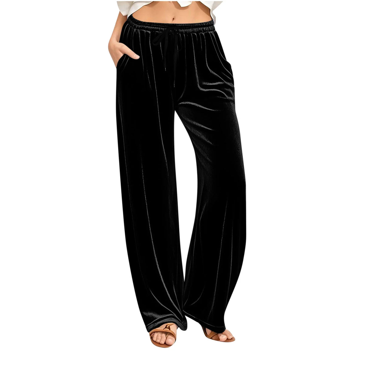 Lounge Pants Velvet Wide-Leg Drawstring Waist With Side Pockets