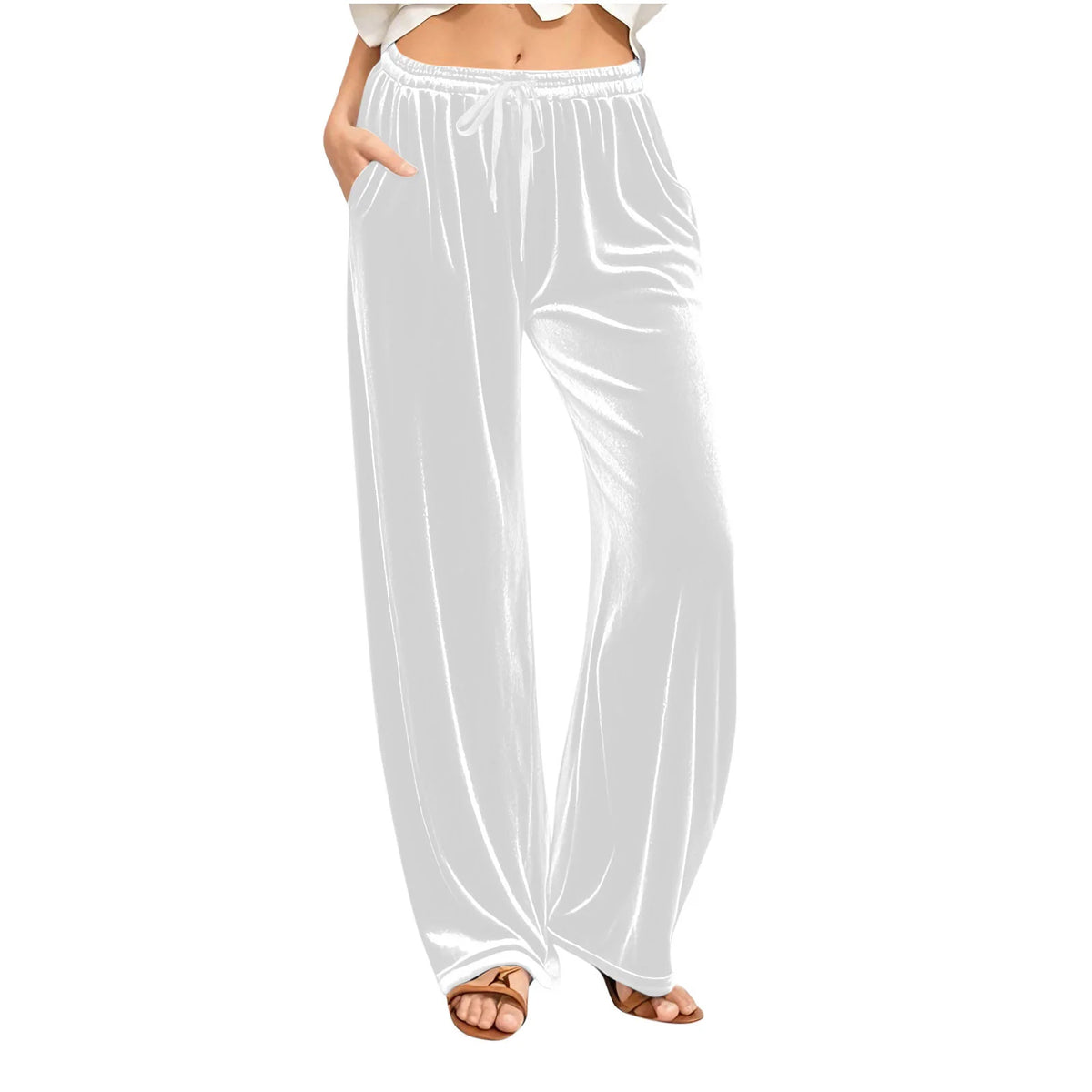 Lounge Pants Velvet Wide-Leg Drawstring Waist With Side Pockets