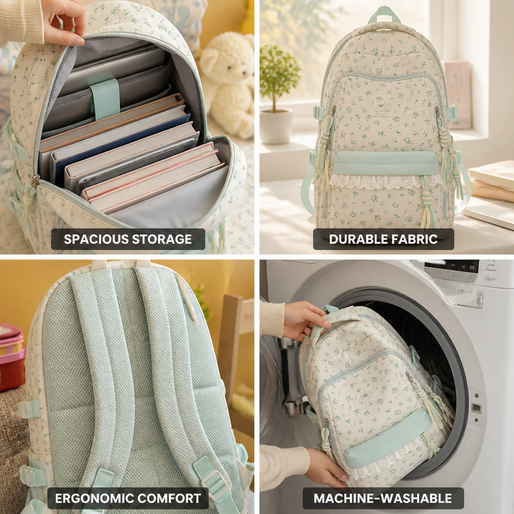 Machine-Washable Floral Print School Backpack