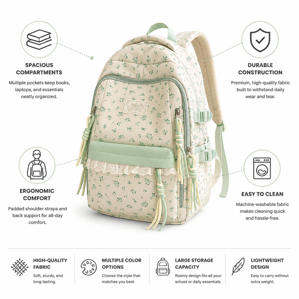 Machine-Washable Floral Print School Backpack