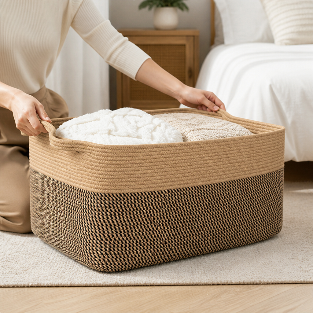 Machine Washable Woven Cotton Rope Storage Basket (45L)
