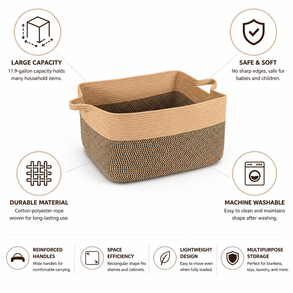 Machine Washable Woven Cotton Rope Storage Basket (45L)