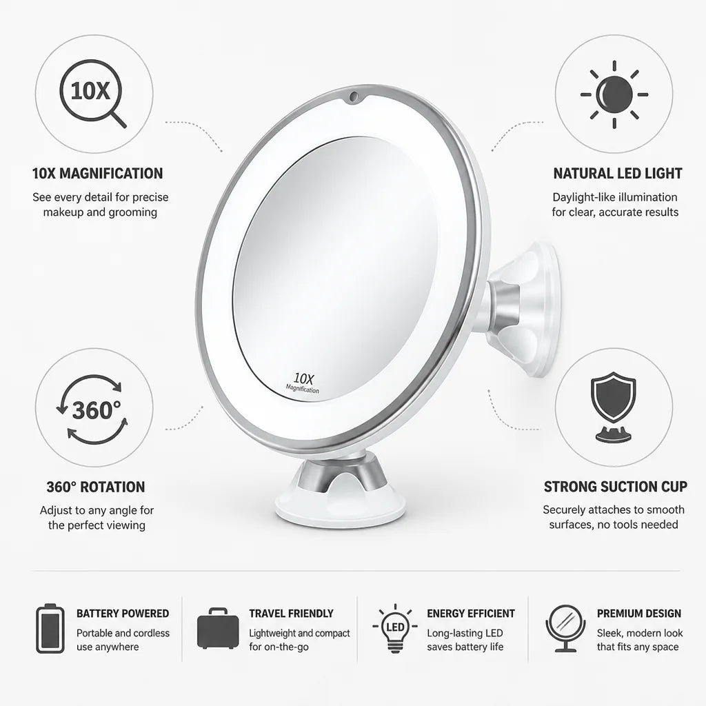 Makeup Mirror 10x Magnification LED Light Suction Cup