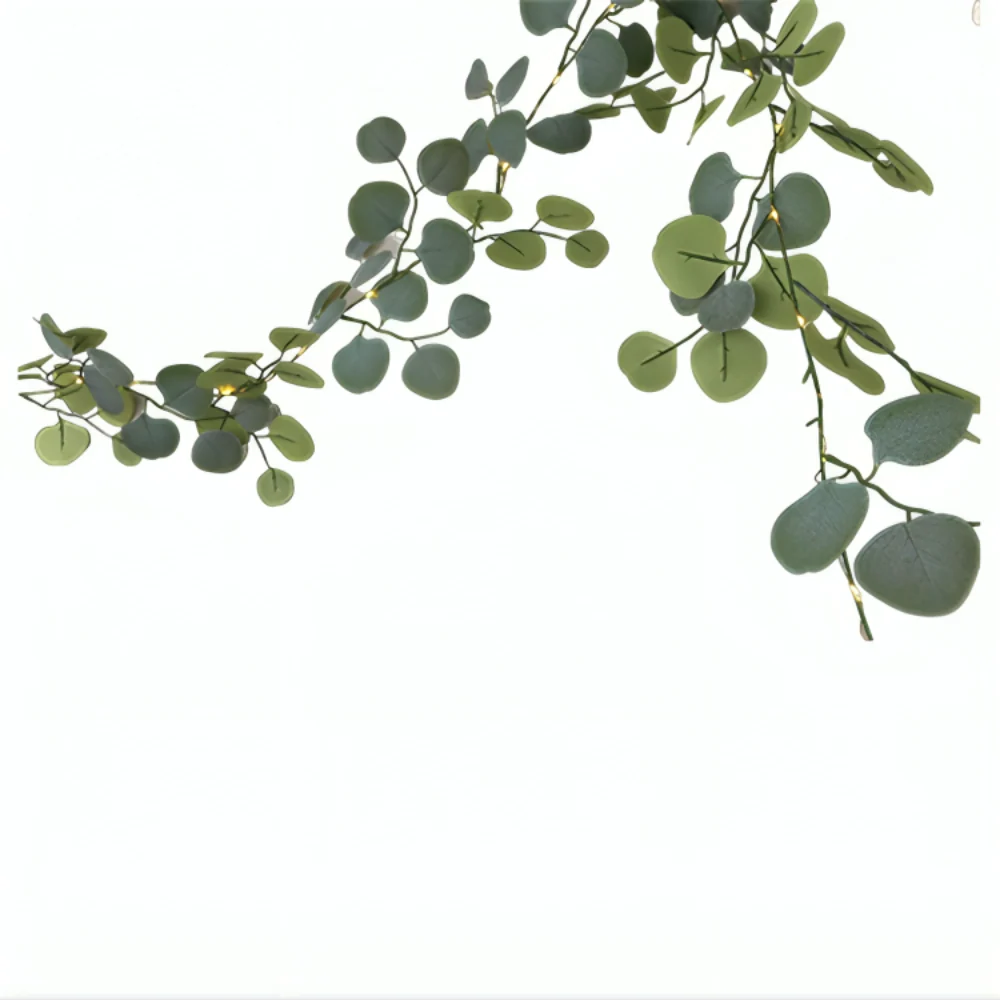 Mantel Garland Faux Eucalyptus & Rattan Balls Battery-Powered Warm LEDs