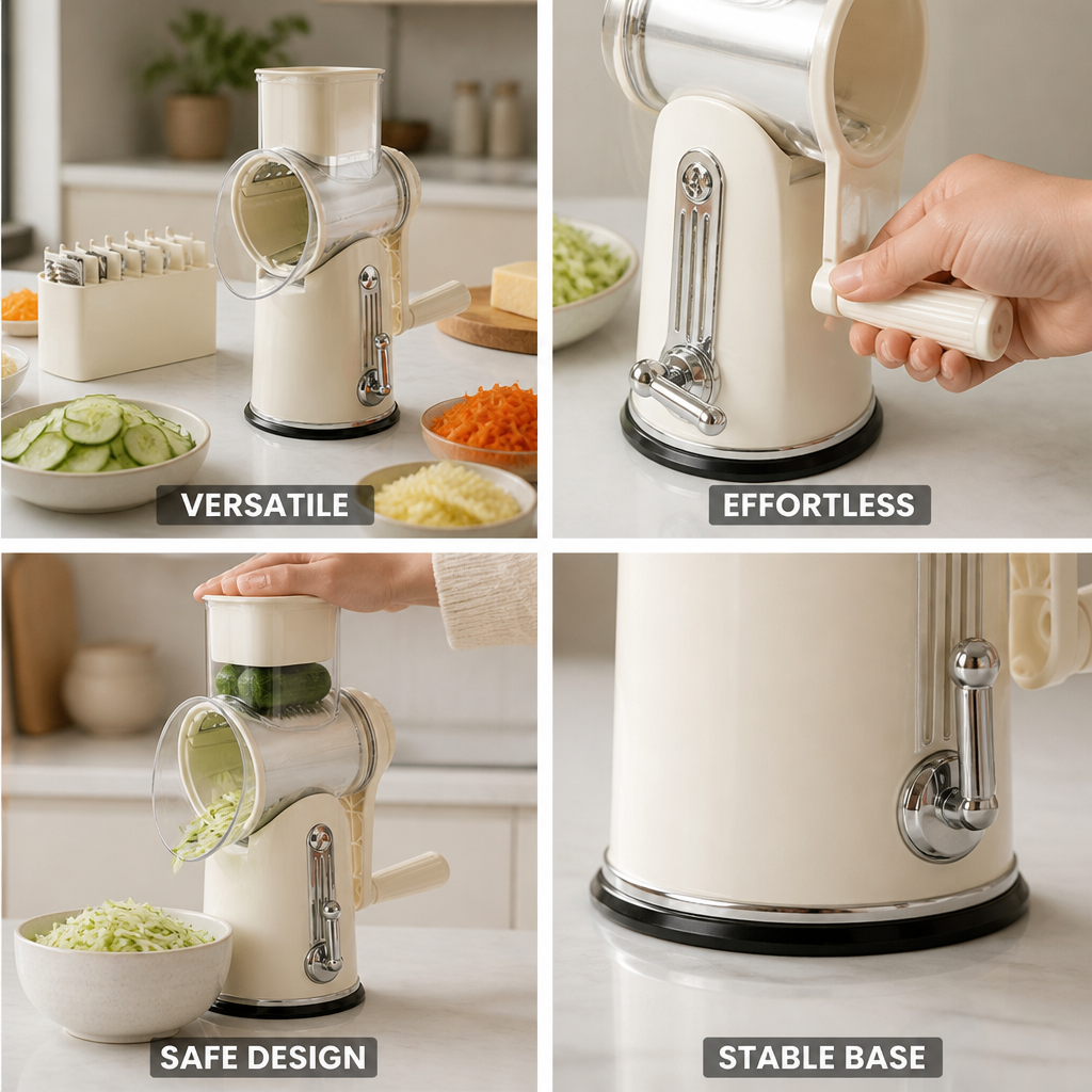 Manual 5-in-1 Stainless Steel Drum Grater (Non-Slip Base)