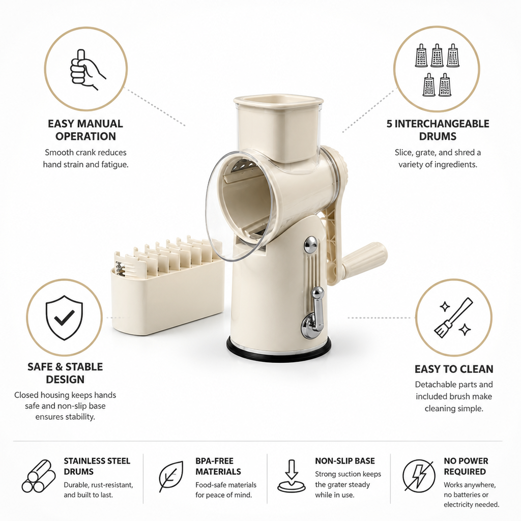Manual 5-in-1 Stainless Steel Drum Grater (Non-Slip Base)