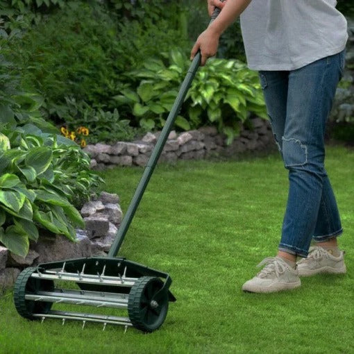 Manual Lawn Aerator Upright Handle Rolling Spikes 18 Inch