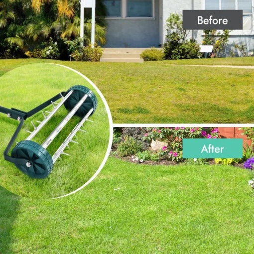 Manual Lawn Aerator Upright Handle Rolling Spikes 18 Inch