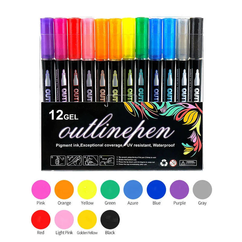 Marker Pen Set Dual-Line Metallic Outline Water-Based Ink