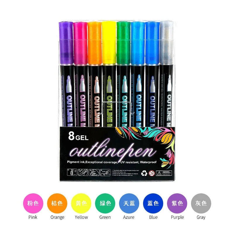 Marker Pen Set Dual-Line Metallic Outline Water-Based Ink