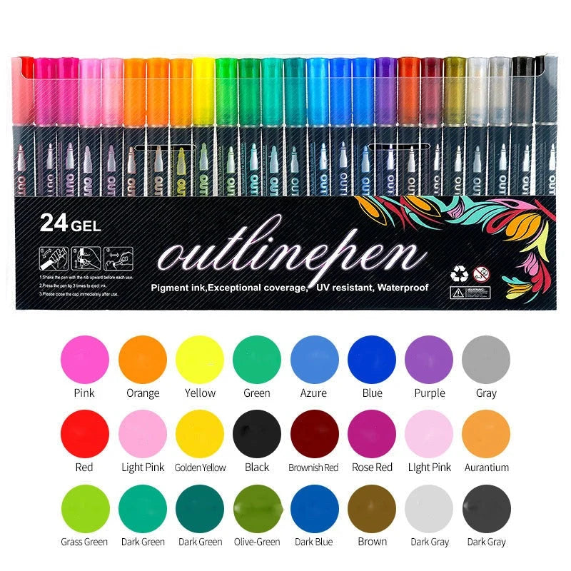 Marker Pen Set Dual-Line Metallic Outline Water-Based Ink