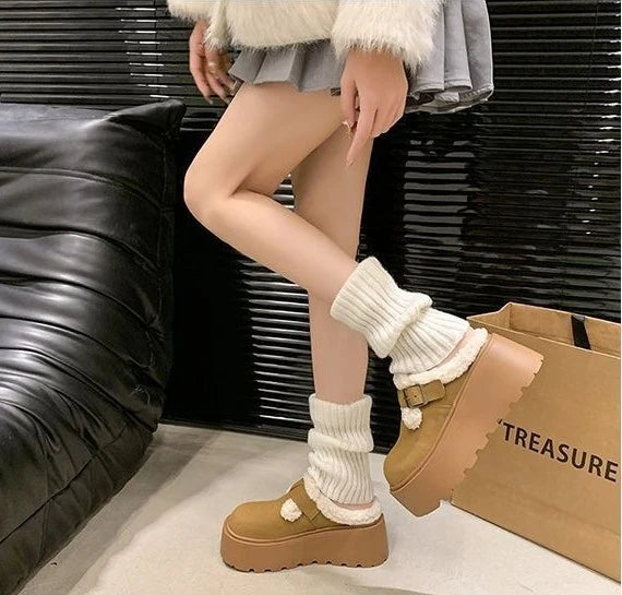 Mary Jane Loafers Suede Sheepskin Lined Platform Adjustable Buckle