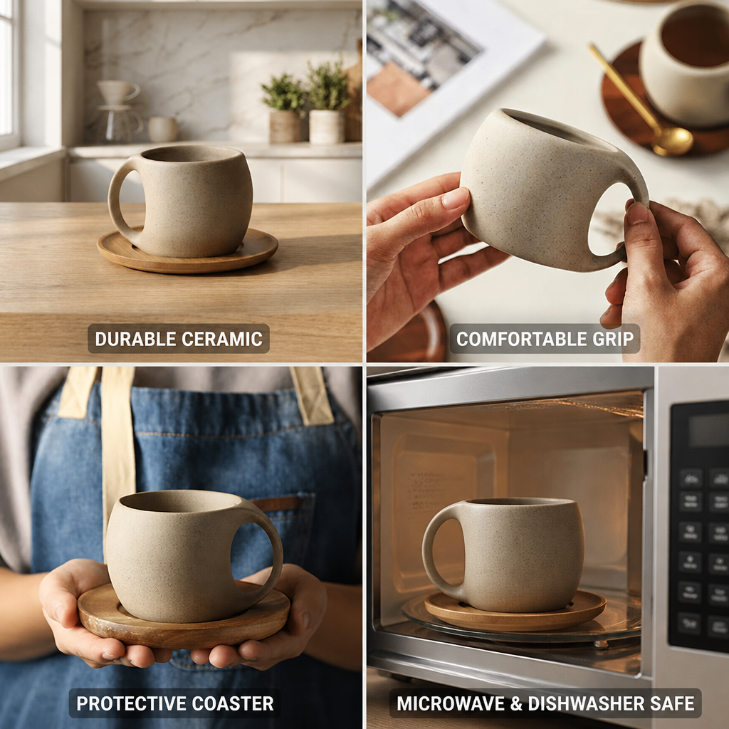 Matte Ceramic Microwave & Dishwasher-Safe Coffee Cup (Includes Wooden Coaster)
