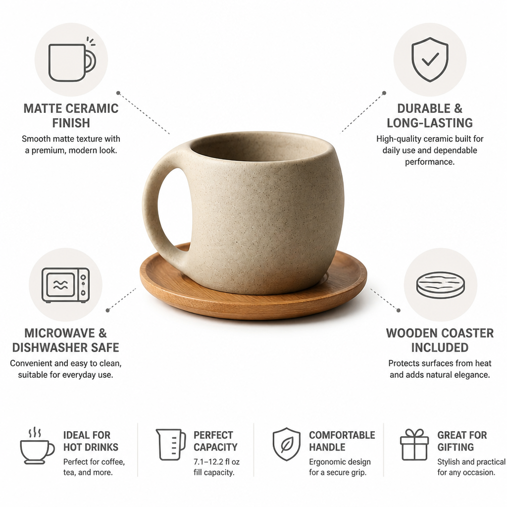 Matte Ceramic Microwave & Dishwasher-Safe Coffee Cup (Includes Wooden Coaster)