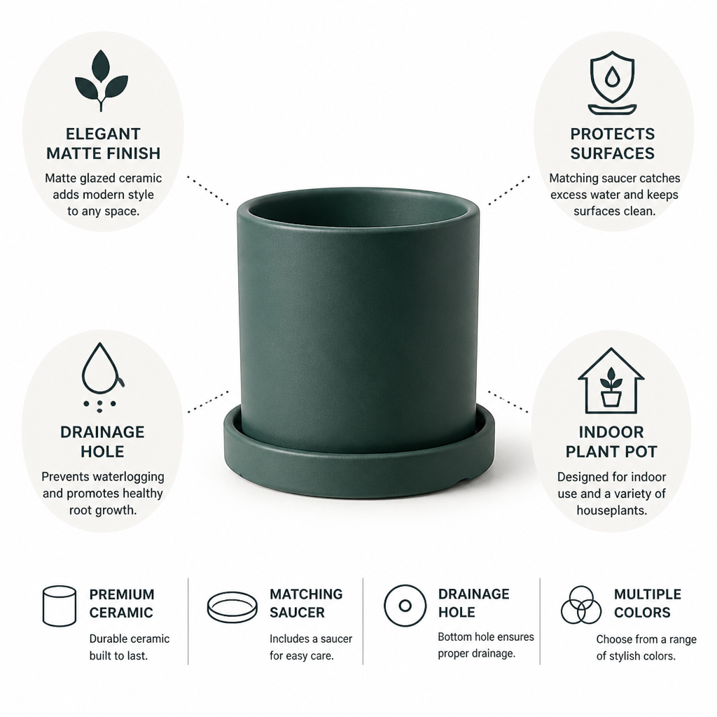 Matte Glazed Ceramic Indoor Plant Pot (Drainage Hole & Saucer)