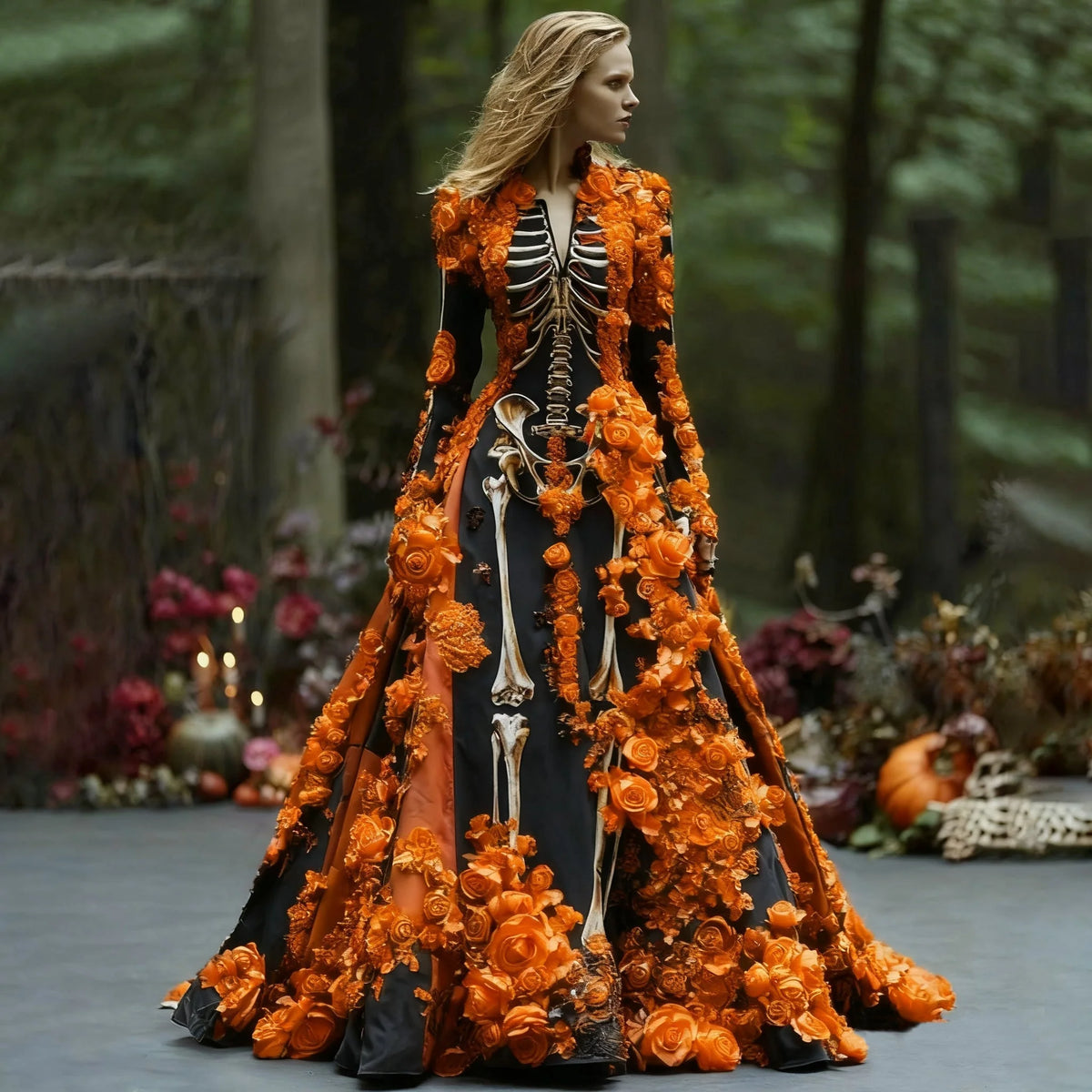 Maxi Dress Skeleton Floral Print Long Sleeve