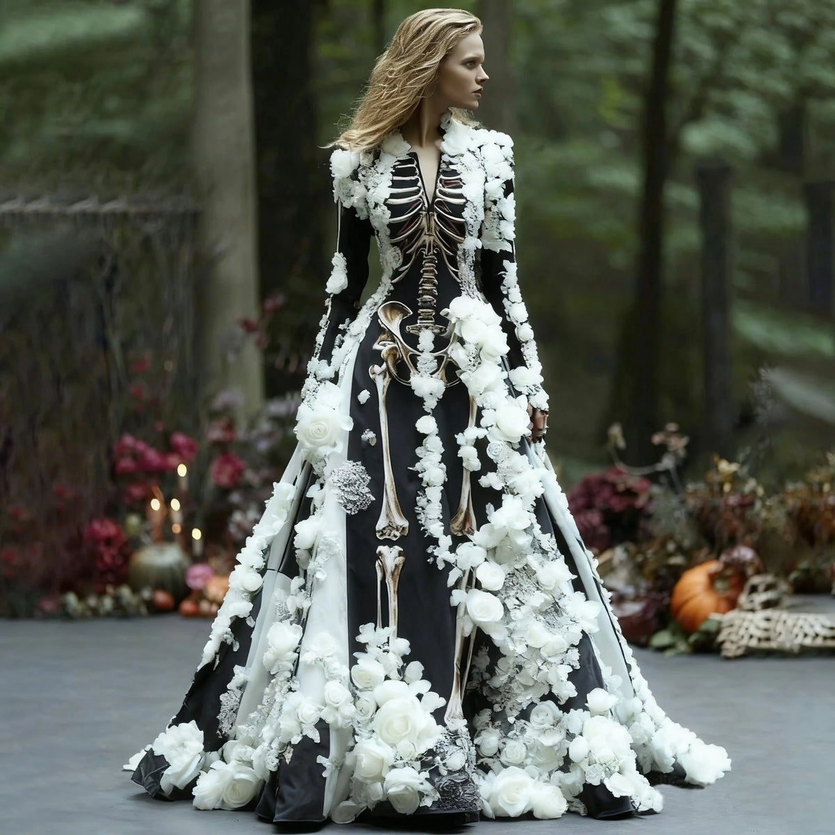 Maxi Dress Skeleton Floral Print Long Sleeve