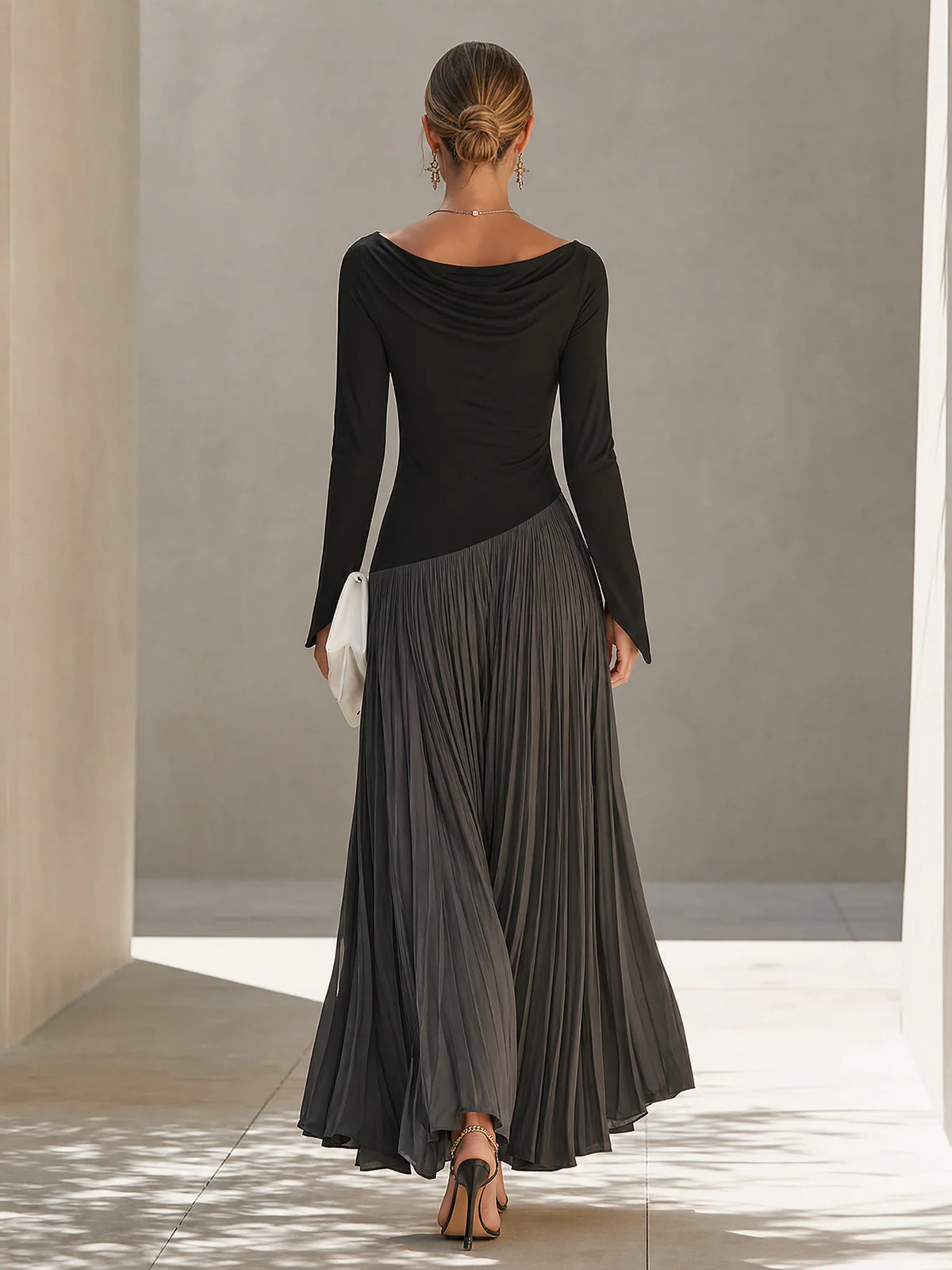 Maxi Dress Two-Tone Color-Block Draped Off-Shoulder Neckline pleated skirt