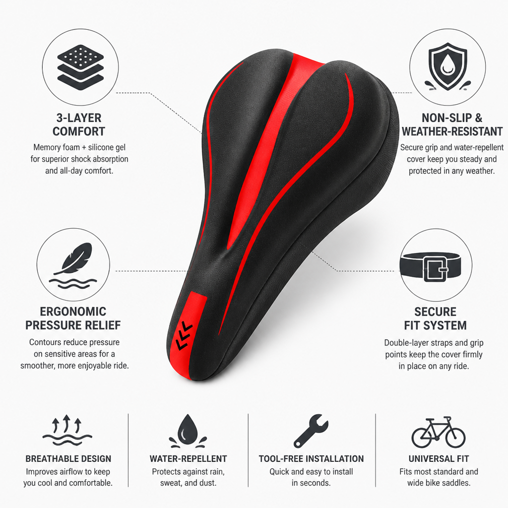 Memory Foam & Silicone Gel Non-Slip Saddle Cover