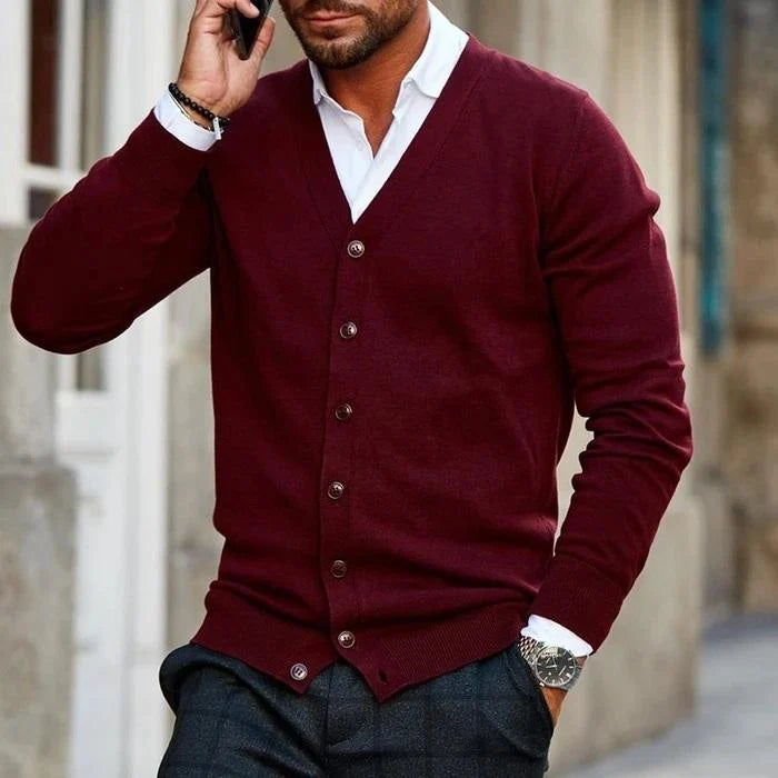 Men’s Cardigan V-Neck Button-Front Ribbed Cuffs & Hem