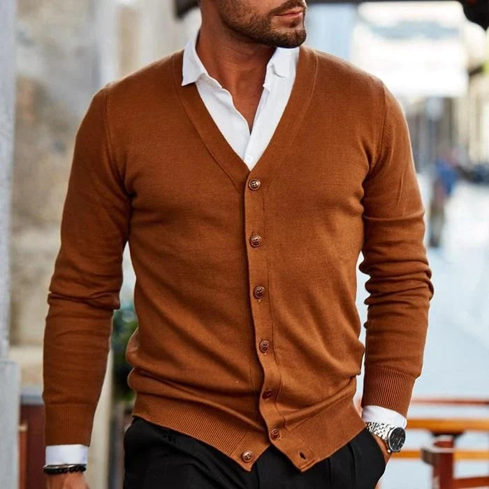 Men’s Cardigan V-Neck Button-Front Ribbed Cuffs & Hem