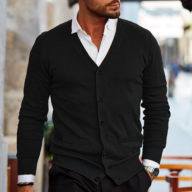 Men’s Cardigan V-Neck Button-Front Ribbed Cuffs & Hem