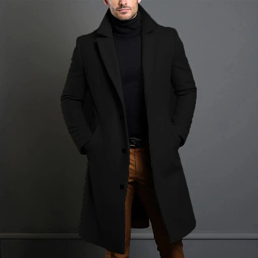 Men’s Long Coat Wool Blend Windproof Deep Pockets