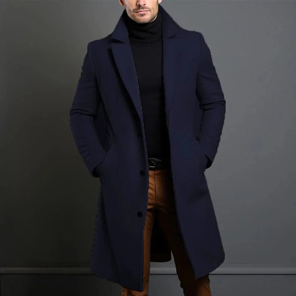 Men’s Long Coat Wool Blend Windproof Deep Pockets
