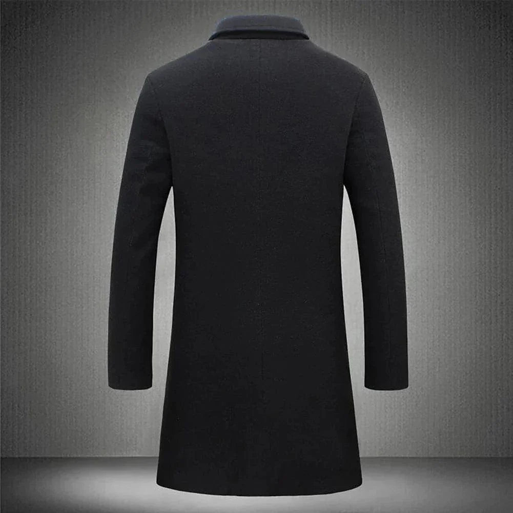 Men’s Long Coat Wool Blend Windproof Deep Pockets