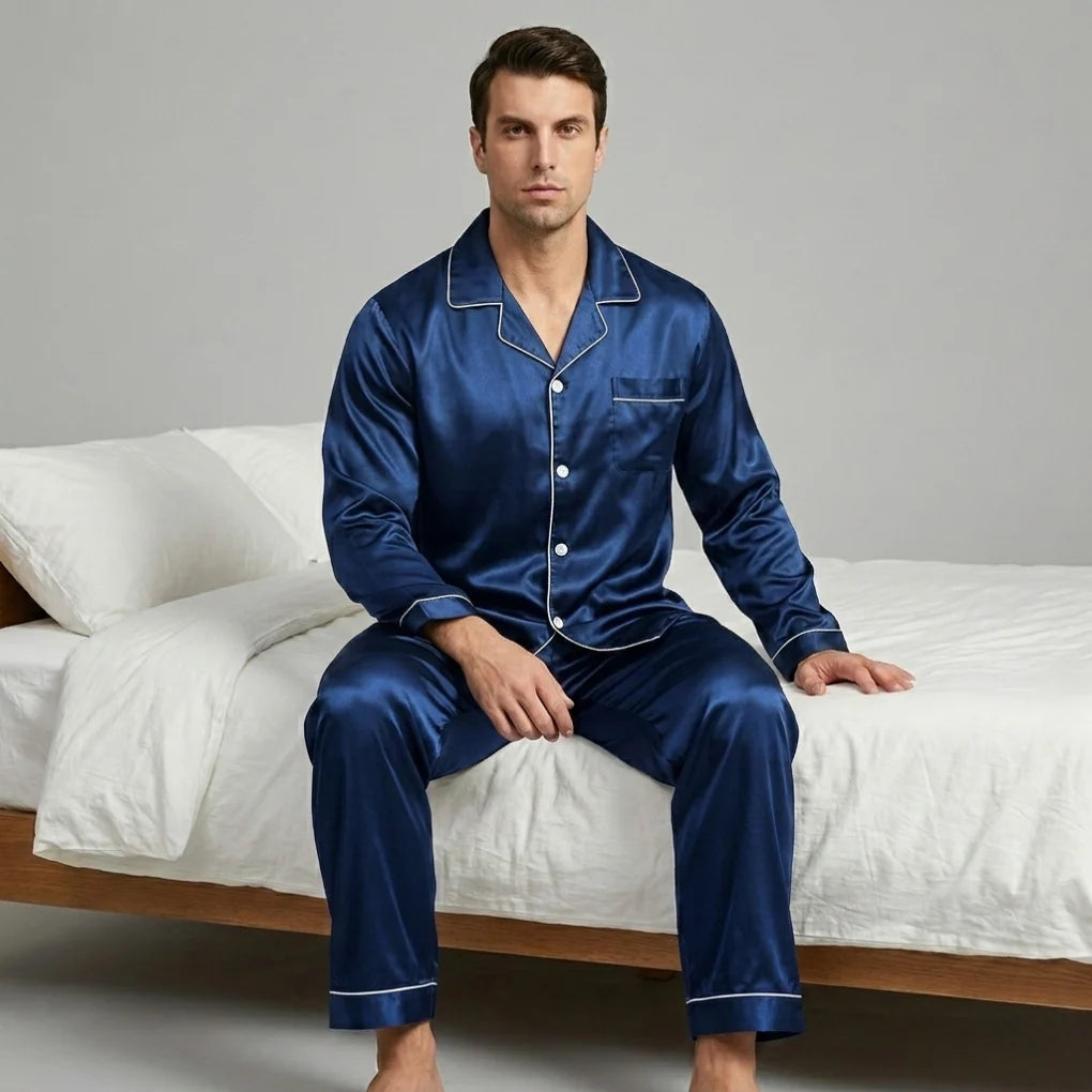Men’s Pajama Set Satin-Silk Blend Contrast Piping Drawstring Waist