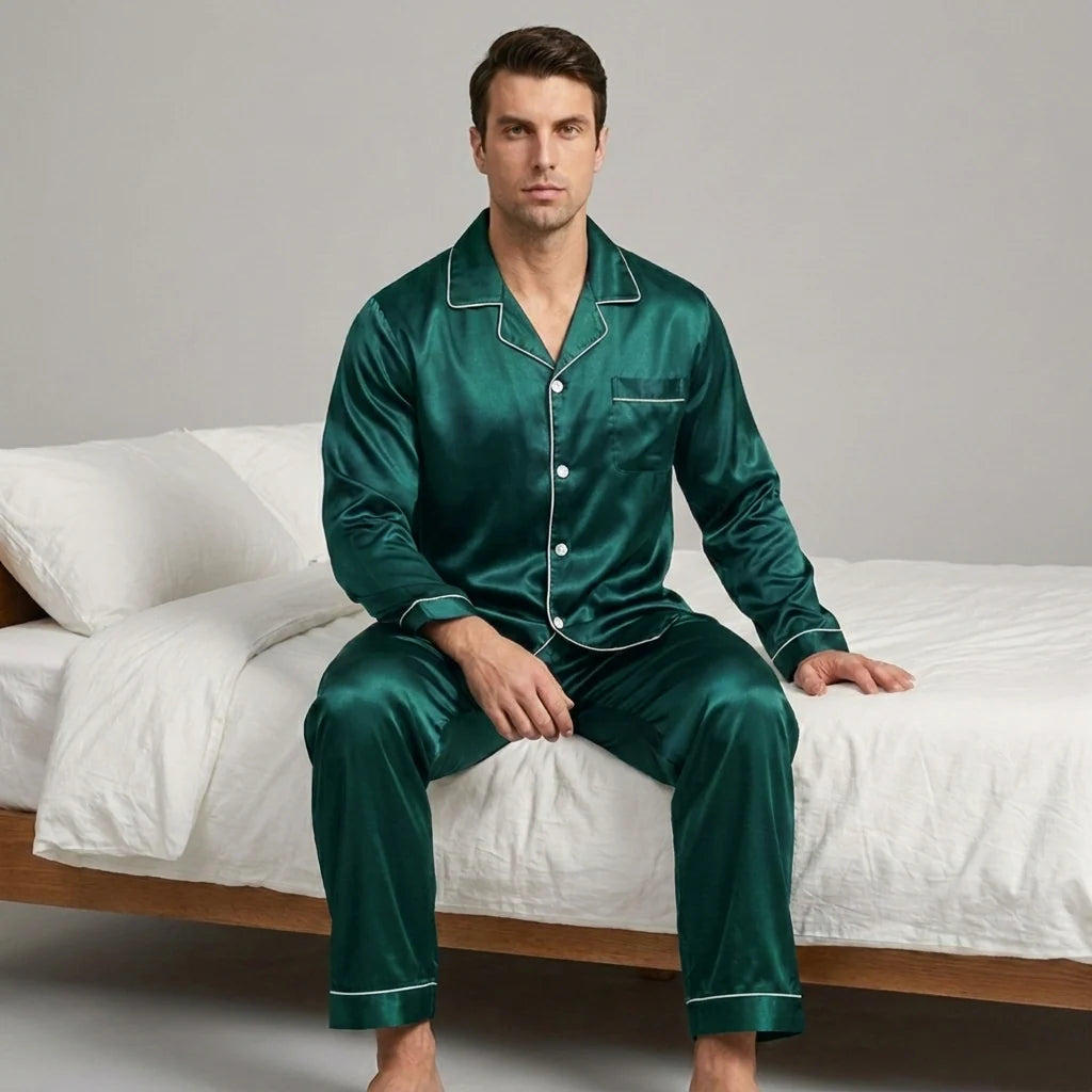 Men’s Pajama Set Satin-Silk Blend Contrast Piping Drawstring Waist