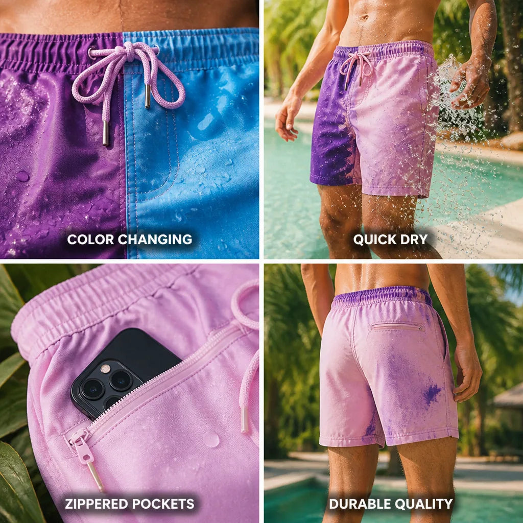 Men's Swim Shorts Color-Changing Quick-Dry Zippered Pockets
