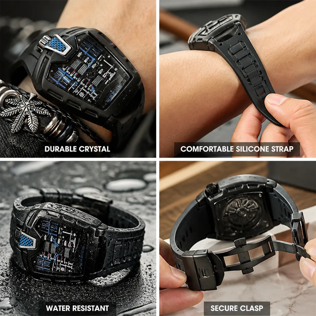 Men's Watch Skeleton Dial Crystal Glass & Silicone Strap