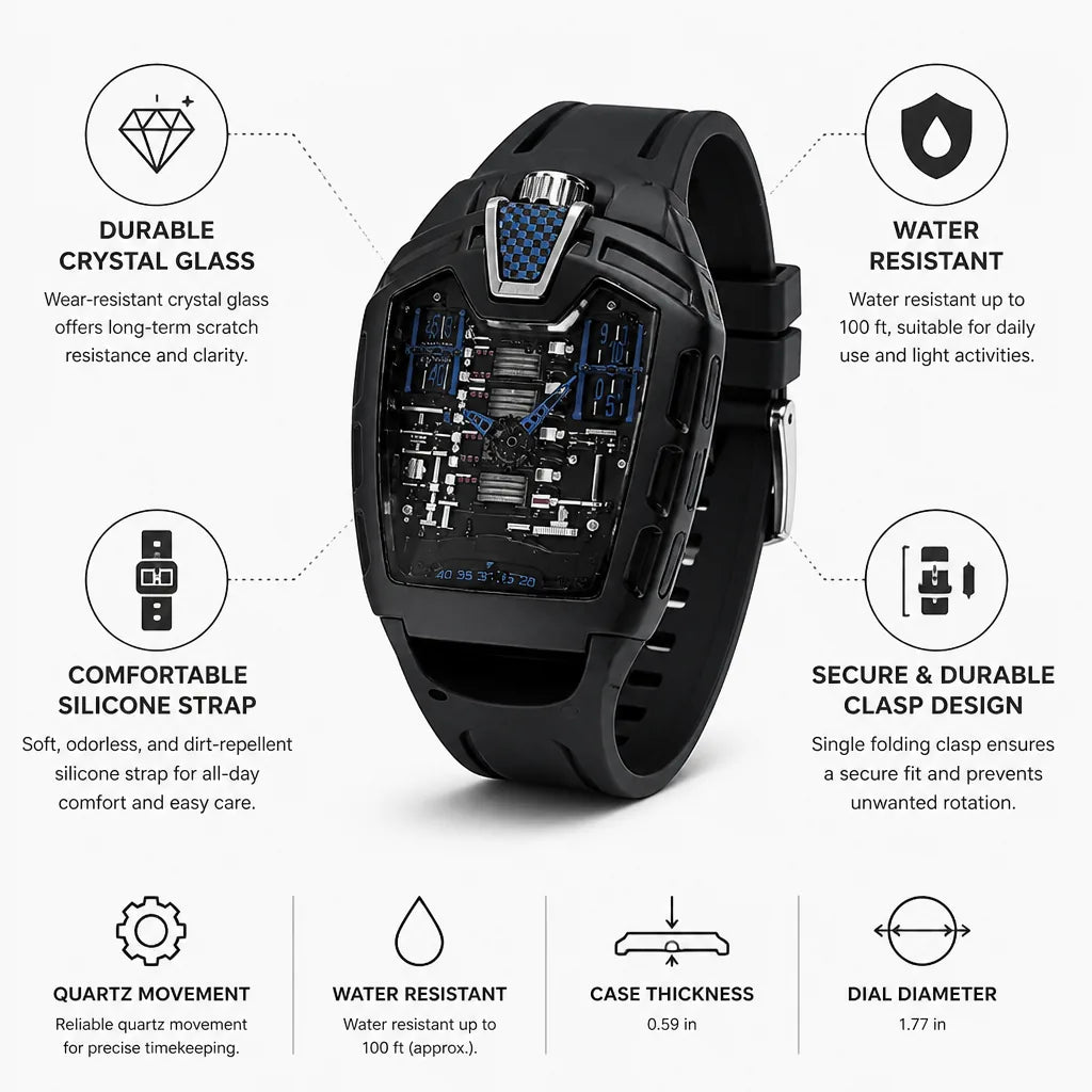 Men's Watch Skeleton Dial Crystal Glass & Silicone Strap